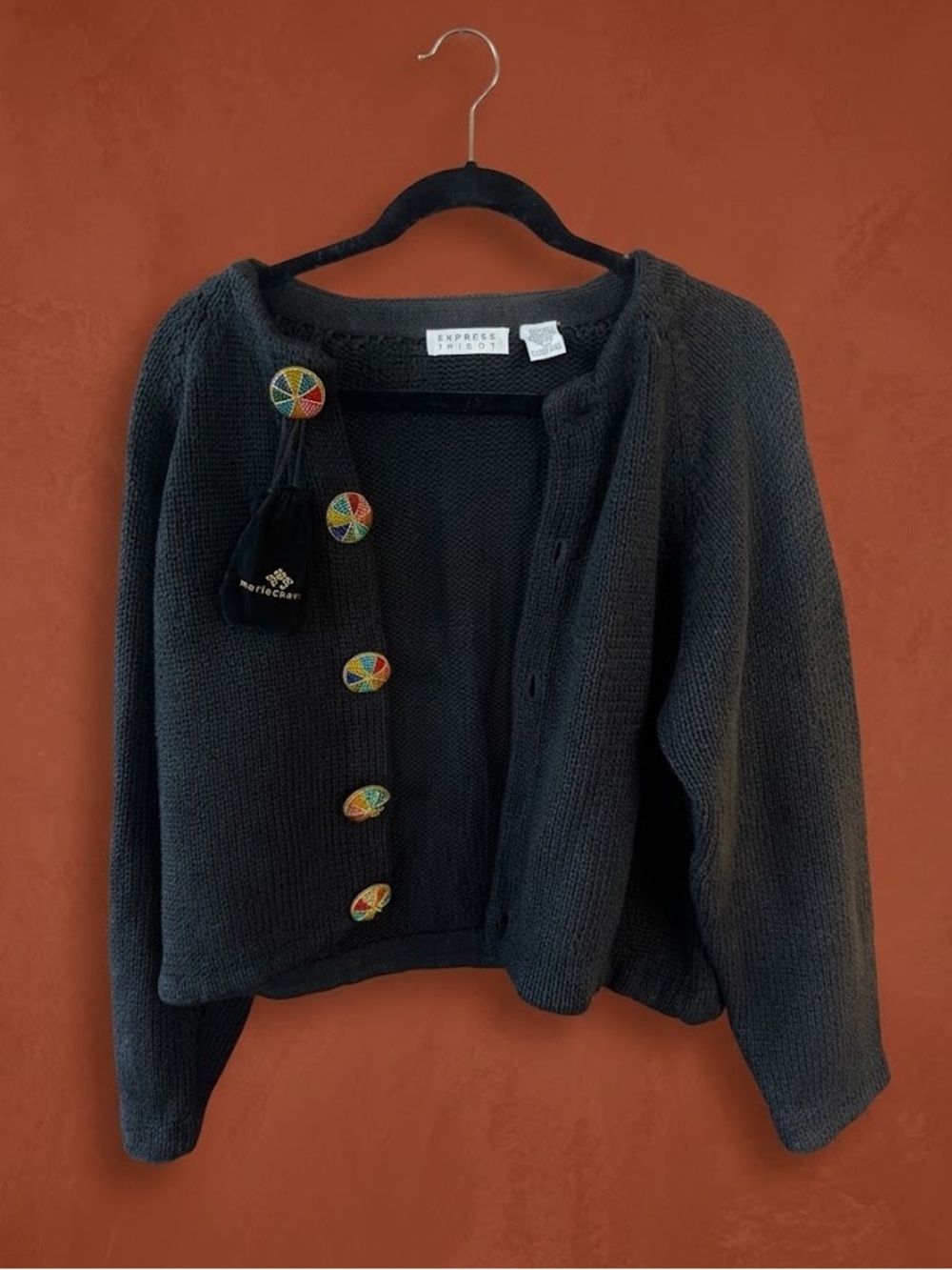 Vintage 90s Express Tricot Heavy Knit Cardigan w/ Beaded Statement Buttons L